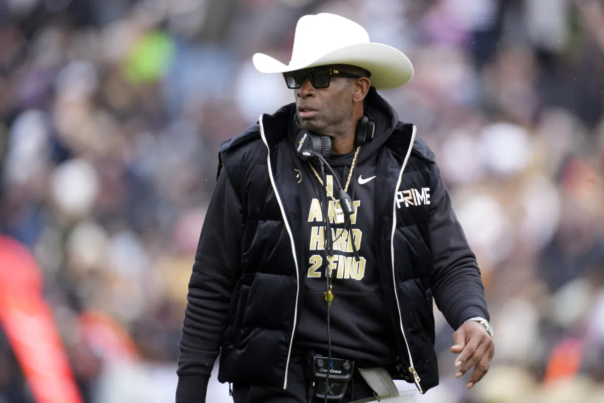 Colorado head coach Deion Sanders looks on in the first half of the team's spring practice NCAA college football game in Boulder, Colo., on April 22, 2023. (David Zalubowski/AP Photo)