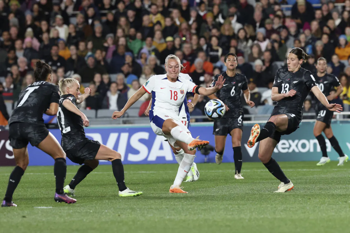 Norway's Frida Maanum takes a shot during the Women's World Cup soccer match between New Zealand and Norway in Auckland, New Zealand on March 20, 2023. (Rafaela Pontes/AP Photo)