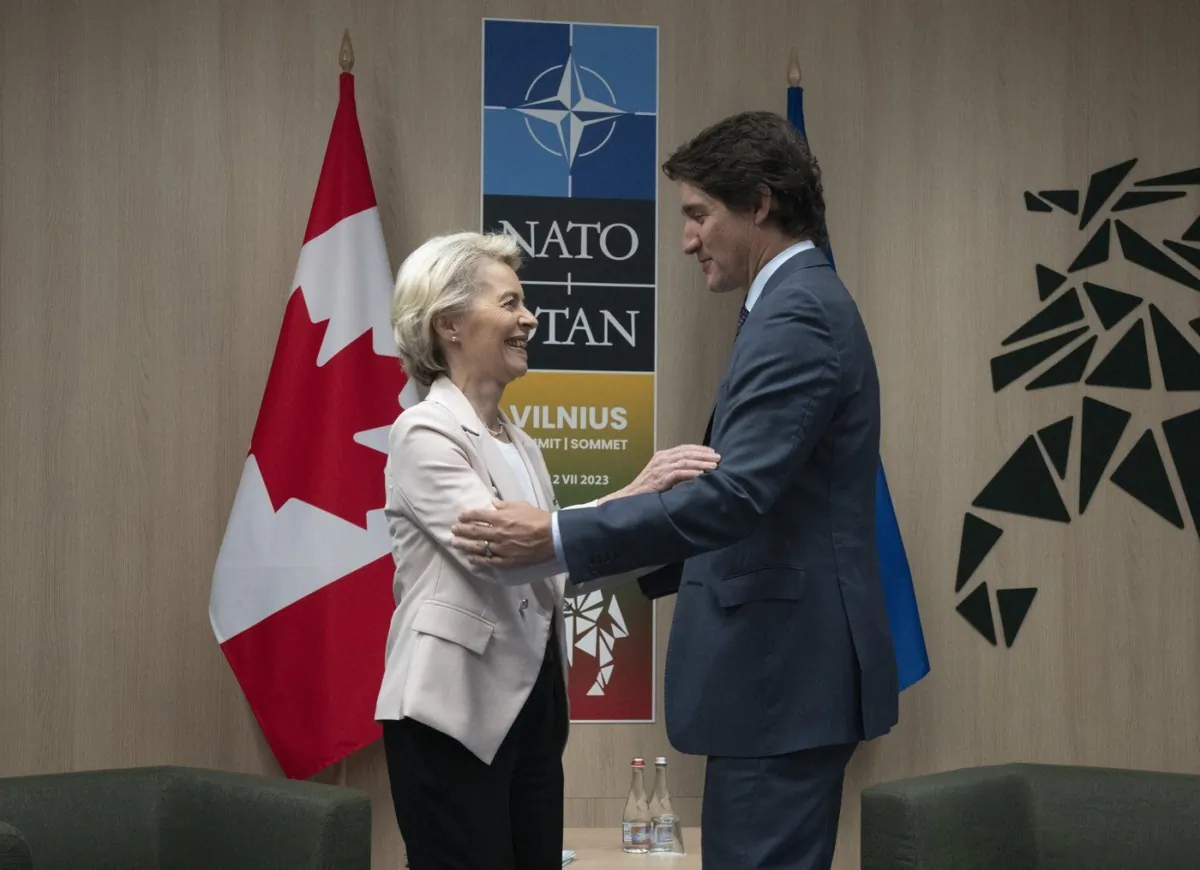 Prime Minister Justin Trudeau meets with European Commission President Ursula von der Leyen at the NATO Summit, July 12, 2023 in Vilnius, Lithuania. (The Canadian Press/Adrian Wyld)
