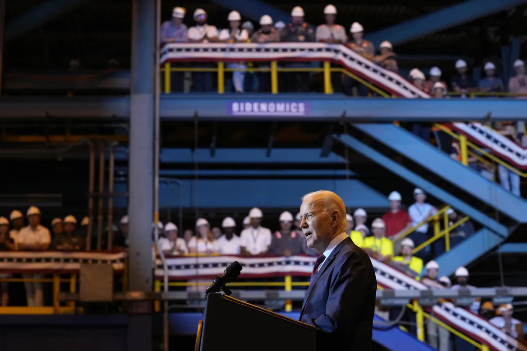 President Joe Biden speaks at a shipyard in Philadelphia on July 20, 2023. Biden is visiting the shipyard to push for a strong role for unions in tech and clean energy jobs. (Susan Walsh/AP Photo)