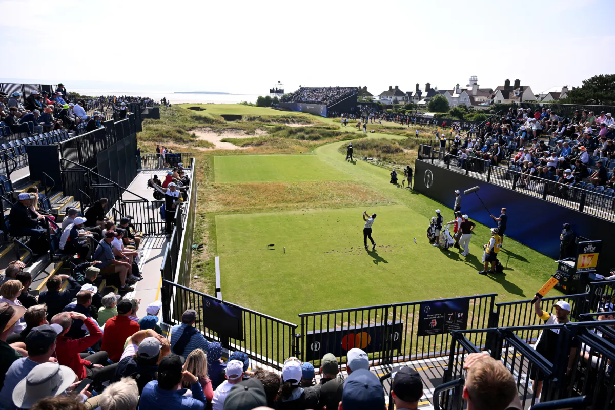 Kazuki Higa of Japan tees off on the 17th hole on Day One of The 151st Open at Royal Liverpool Golf Club in Hoylake, England on July 20, 2023. (Ross Kinnaird/Getty Images)