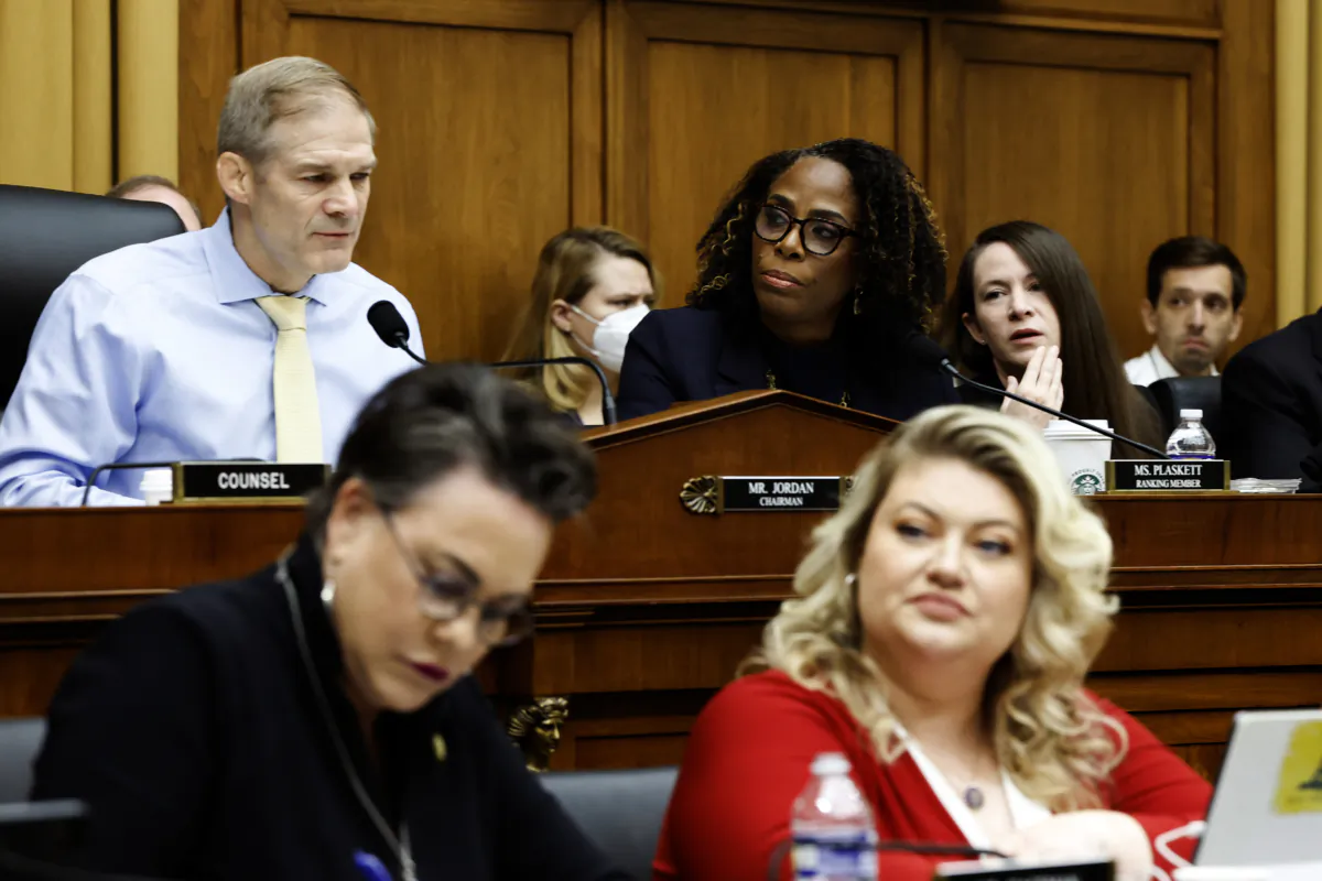 Ranking member Rep. Stacey Plaskett (D-Virgin Islands) speaks alongside House Judiciary Chairman Jim Jordan (R-Ohio) during a hearing with the House Judiciary Subcommittee on the Weaponization of the Federal Government, in Washington, on July 20, 2023. (Anna Moneymaker/Getty Images)