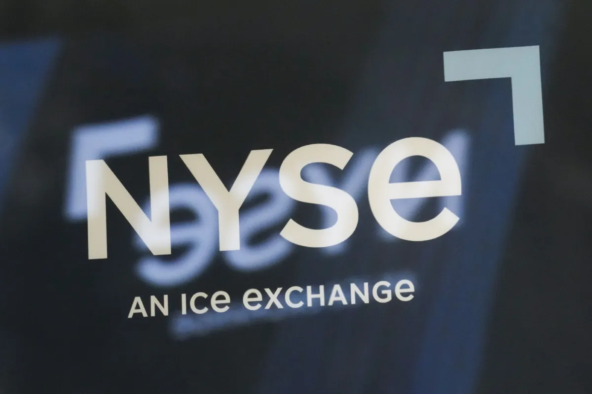 The NYSE logo is displayed on the floor at the New York Stock Exchange in New York on June 2, 2023. (Seth Wenig/AP Photo)