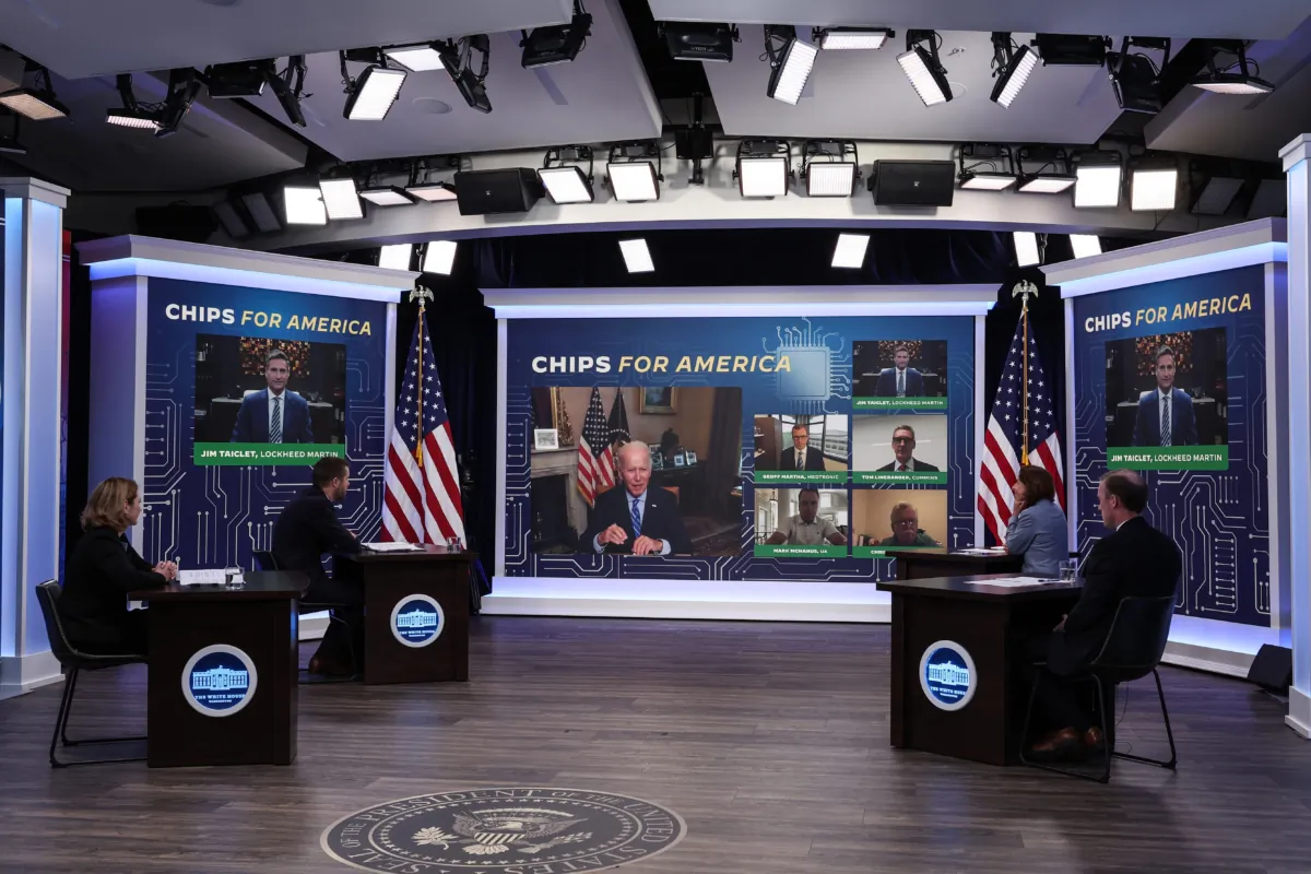 U.S. President Joe Biden participates virtually in a meeting on the Creating Helpful Incentives to Produce Semiconductors (CHIPS) for America Act, in the South Court Auditorium at the White House on July 25, 2022. (Anna Moneymaker/Getty Images)