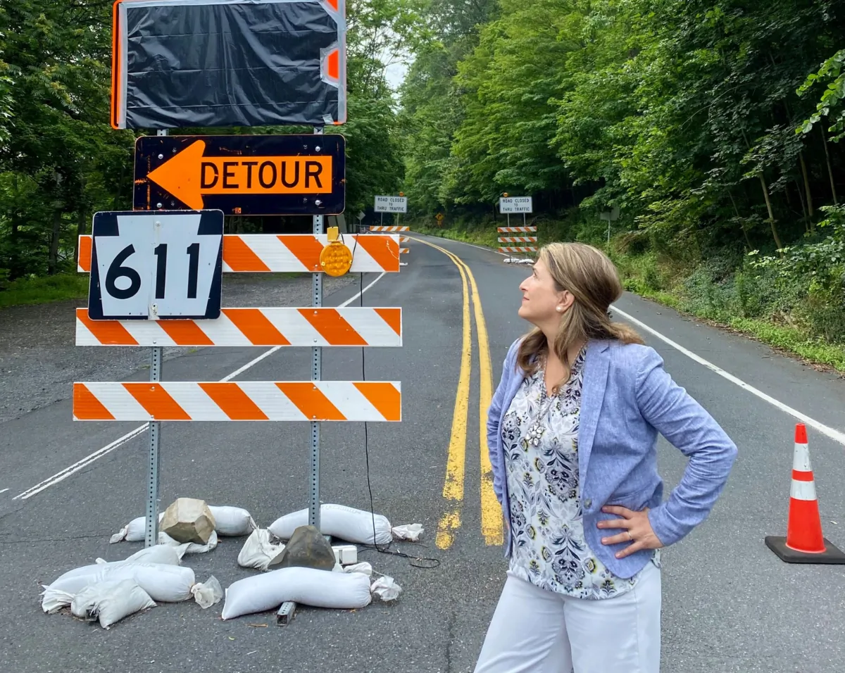 Pennsylvania state Sen. Rosemary Brown stands at the start of a long road closure in Monroe County. July, 2023. (Courtesy Sen. Brown office)