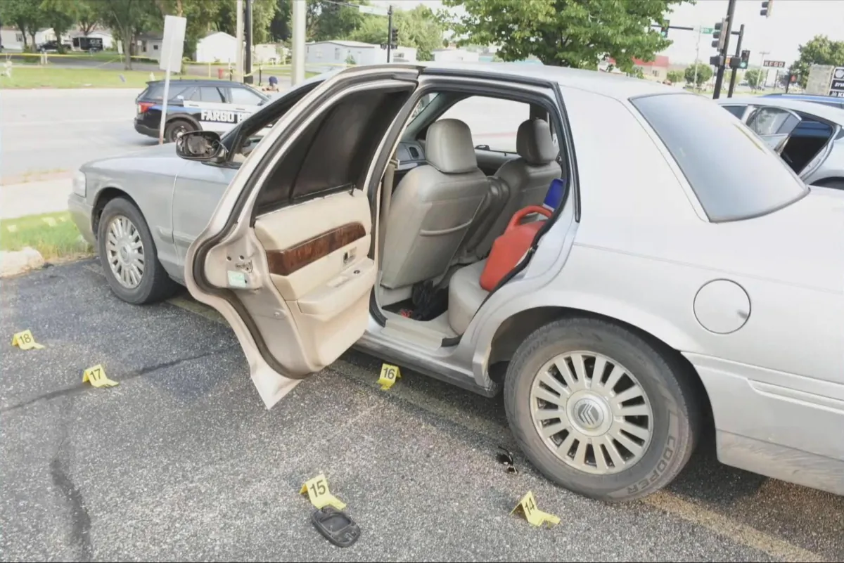 The car driven by a man who opened fire on police officers in Fargo, N.D., on July 14, 2023. (North Dakota Bureau of Criminal Investigation via AP)