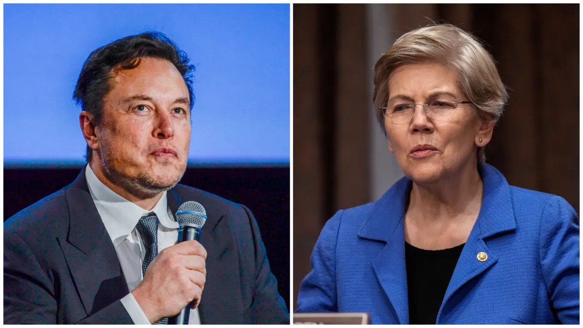 (Left) Tesla CEO Elon Musk looks up as he addresses guests at the Offshore Northern Seas 2022 (ONS) meeting in Stavanger, Norway, on Aug. 29, 2022. (Right) Sen. Elizabeth Warren (D-Mass.) speaks to a staff member before the start of a Senate Banking Committee hearing on oversight of credit reporting agencies on Capitol Hill in Washington on April 27, 2023. (Carina Johansen/NTB/AFP via Getty Images; Drew Angerer/Getty Images)