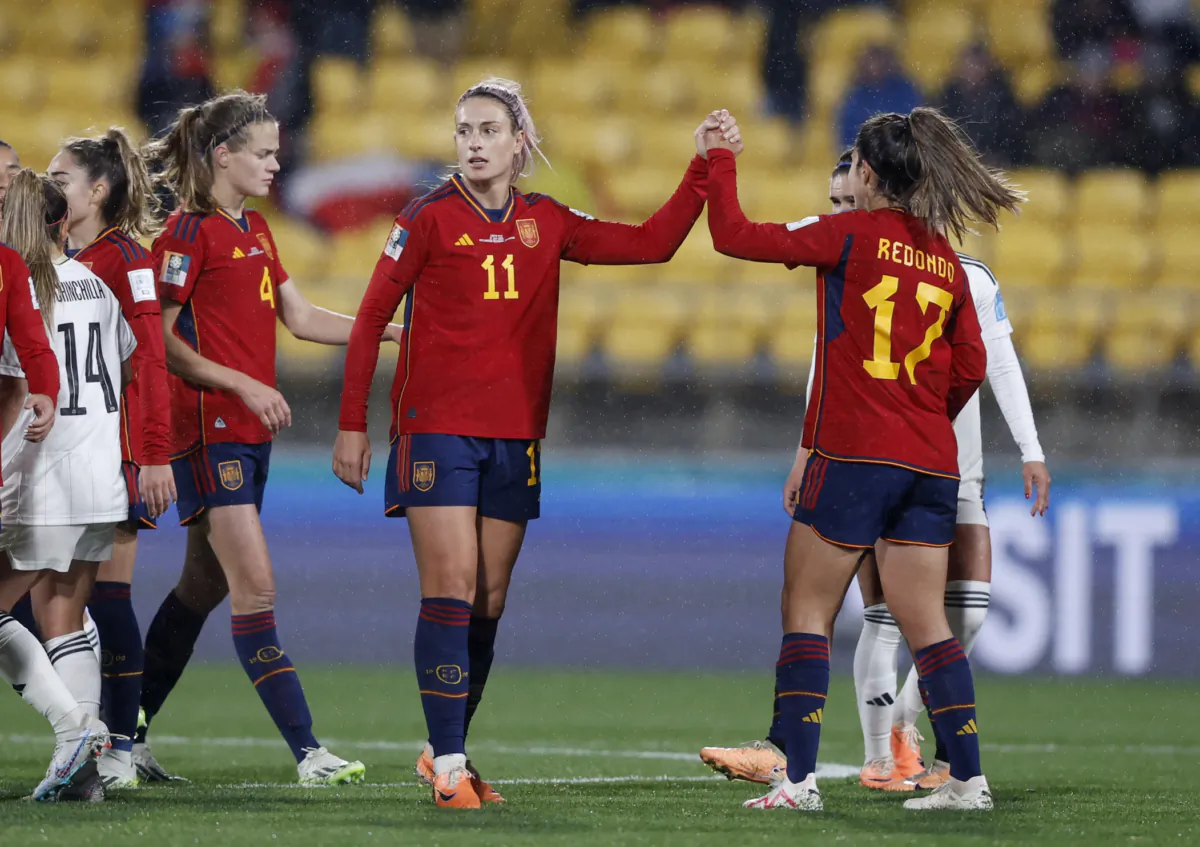 Spain's Alexia Putellas and Alba Redondo celebrate after their victory versus Costa Rica in Group C of the 2023 FIFA Women’s World at Wellington Regional Stadium, in Wellington, New Zealand on July 21, 2023. (Reuters/Amanda Perobelli)