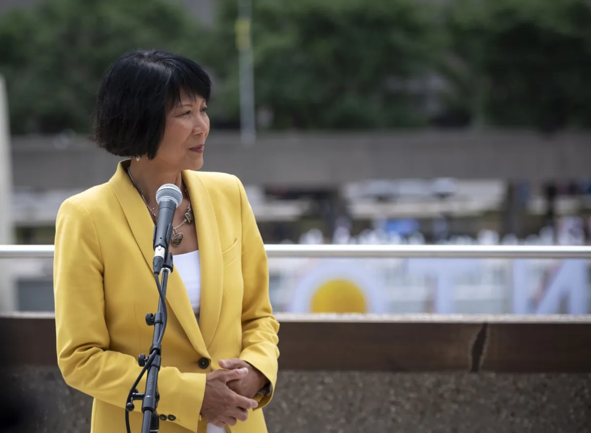 Toronto Mayor Olivia Chow speaks to media at Toronto City Hall on July 12, 2023. (The Canadian Press/Tijana Martin)