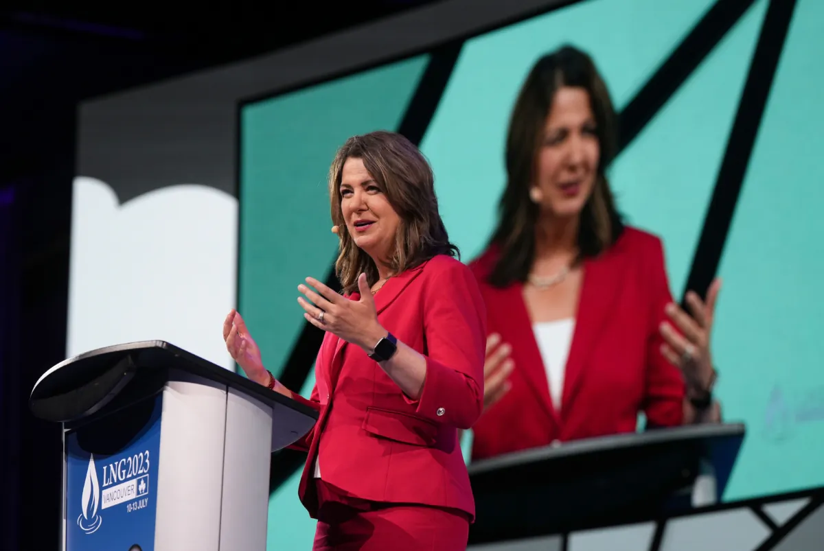 Alberta Premier Danielle Smith gives a keynote address at the LNG2023 conference in Vancouver on July 13, 2023. (The Canadian Press/Darryl Dyck)