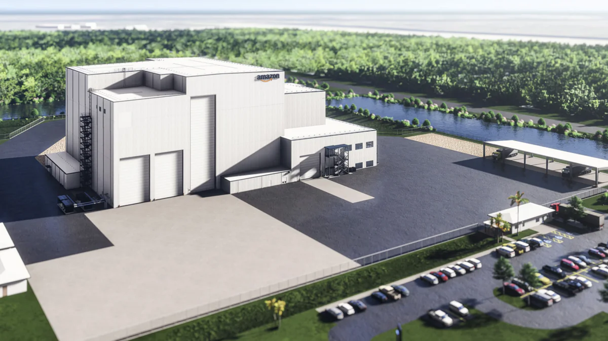 This rendering shows the planned satellite processing facility for Amazon’s Project Kuiper, which aims to launch thousands of satellites from the Space Coast. (Amazon, Handout)