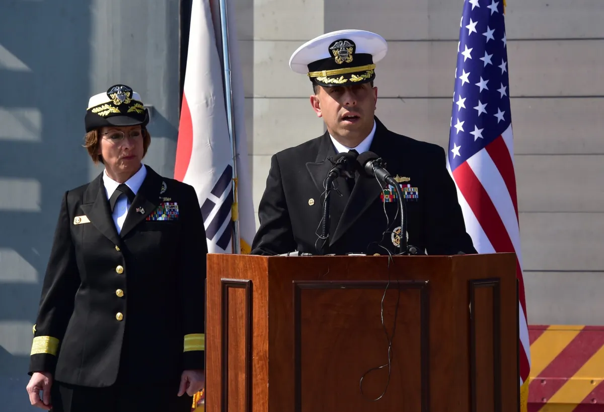 U.S. Rear Admiral Matt Kawas (R), commander of the USS Fort Worth (LCS 3), speaks as U.S. Rear Adm. Lisa Franchetti (L), commander of U.S. Naval Forces Korea, looks on during a media tour on board at a South Korean naval port in the southeastern port city of Busan on March 14, 2015. (Jung Yeon-Je/AFP via Getty Images)
