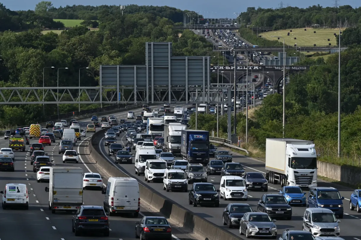 Rush-hour traffic on the M25 London orbital motorway, near Heathrow Airport, west of London on July 21, 2023 (Justin Tallis/AFP via Getty Images)
