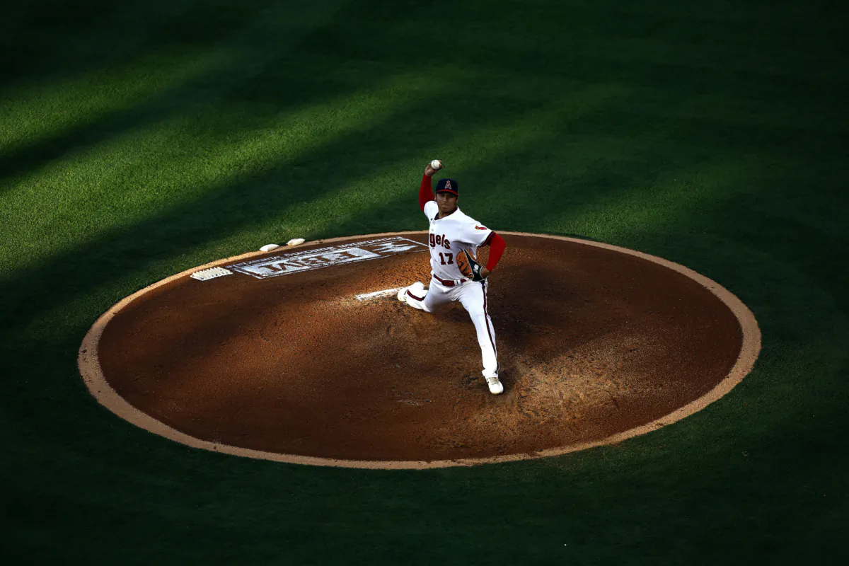 Shohei Ohtani (17) of the Los Angeles Angels throws against the Pittsburgh Pirates in the second inning at Angel Stadium of Anaheim in Anaheim, Calif., on July 21, 2023. (Ronald Martinez/Getty Images)