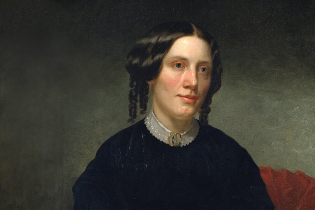 Detail of painting "Harriet Beecher Stowe," 1853, by Alanson Fisher.  Oil on canvas. National Portrait Gallery, Washington, D.C. (Public Domain)