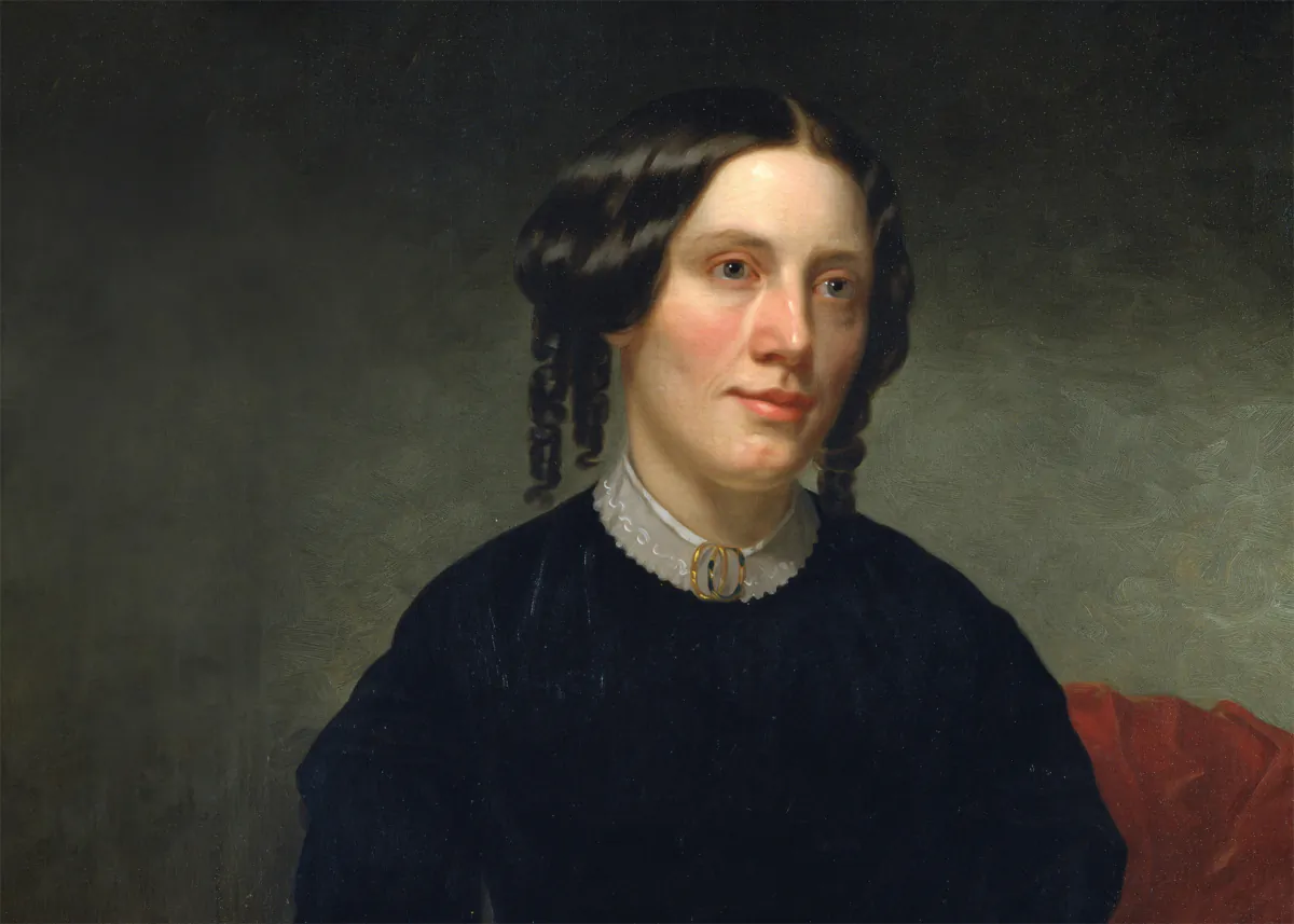 Detail of painting "Harriet Beecher Stowe," 1853, by Alanson Fisher. Oil on canvas. National Portrait Gallery, Washington, D.C. (Public Domain)