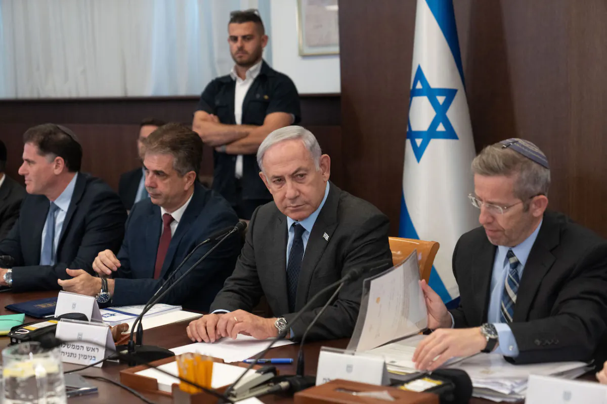 Israel's Prime Minister Benjamin Netanyahu (C) chairs a weekly cabinet meeting at his office in Jerusalem, Israel, on July 17, 2023. (Ohad Zwigenberg/Pool/AFP via Getty Images) 