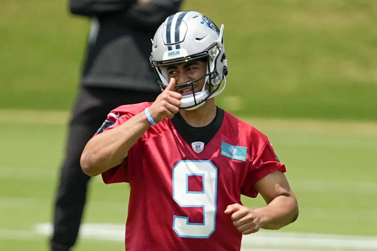 Carolina Panthers quarterback Bryce Young gestures during the NFL football team's rookie minicamp in Charlotte on May 12, 2023. (Chris Carlson/AP Photo)