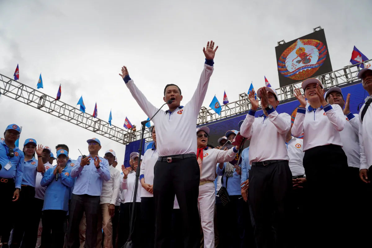 Hun Manet, son of Cambodia's Prime Minister Hun Sen, speaks during the final Cambodian People's Party (CPP) election campaign for the upcoming general election in Phnom Penh, Cambodia, on July 21, 2023. (Cindy Liu/Reuters)