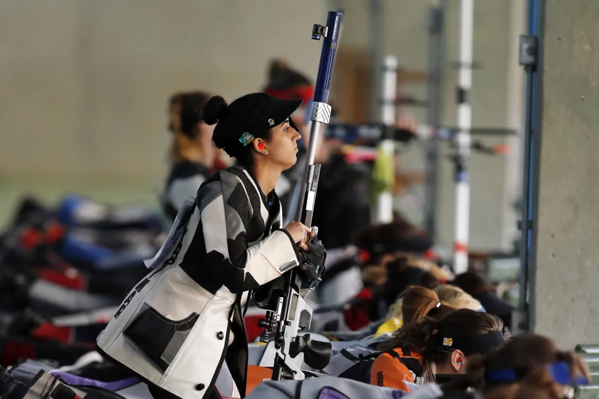 Yarimar Mercado Martinez of Puerto Rico competes during the women's 50-meter Rifle 3 Positions qualification at the Olympic Shooting Center during the 2016 Summer Olympics in Rio de Janeiro on Aug. 11, 2016. (Hassan Ammar/AP Photo)