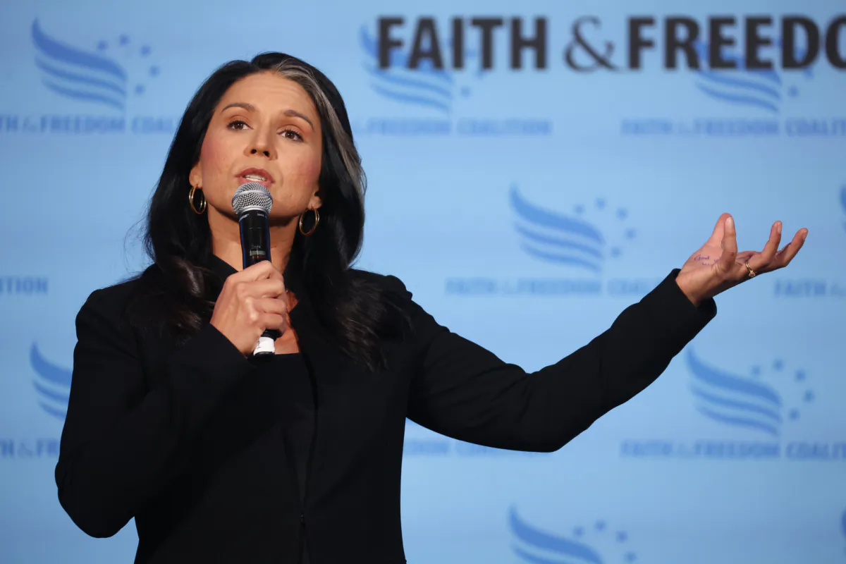 Former Hawaii Congresswoman Tulsi Gabbard speaks to guests at the Iowa Faith & Freedom Coalition Spring Kick-Off in Clive, Iowa, on April 22, 2023. (Scott Olson/Getty Images)