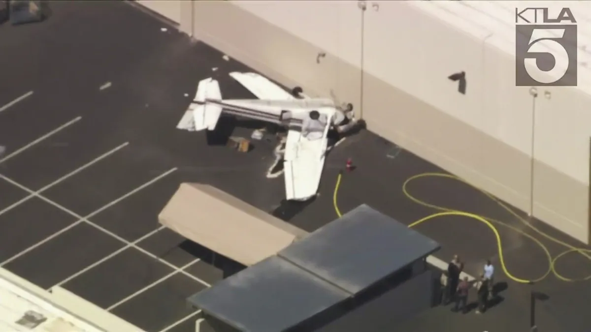 This aerial image from video courtesy of KTLA-TV Channel 5 shows a single-engine Cessna 172 that crashed near the French Valley Airport in Murrieta, Calif., on July 4, 2023. (KTLA-TV Channel 5 via AP)