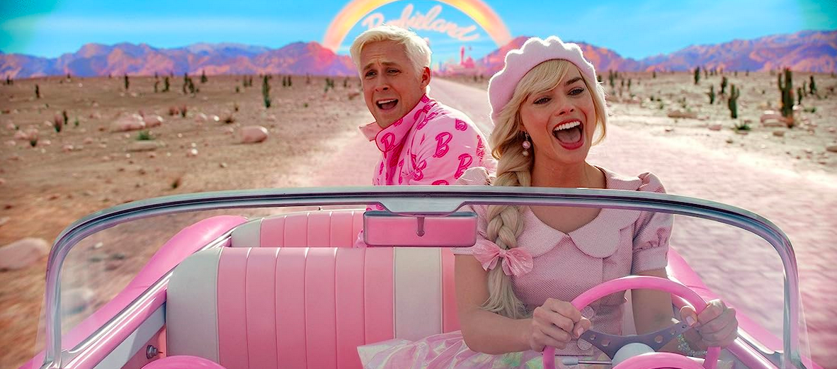 man and women wearing pink in car in BARBIE