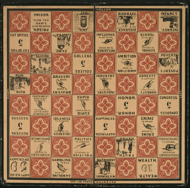An 1866
original board of The
Checkered Game of
Life, which taught
lessons of success
achieved through
virtuous living. (Courtesy of New-York Historical Society)