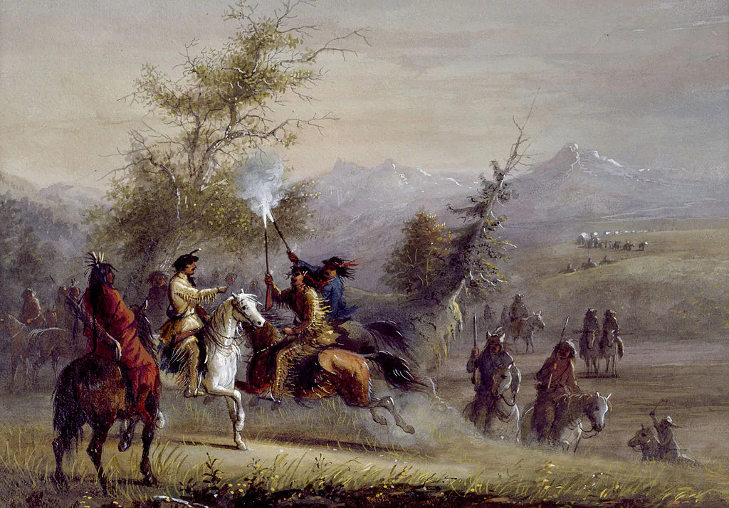 A brigade of
trappers approaches
an encampment to
greet their comrades,
in “The Greeting” by
Alfred Jacob Miller,
1858–1860. (Public Domain)