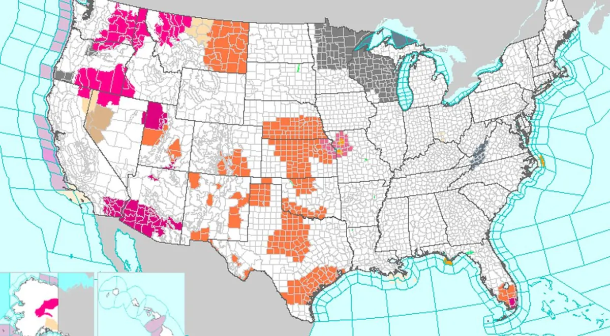 The National Weather Service's (NWS) map showing "excessive heat warnings" and heat advisories that are in effect across the United States on July 24, 2023. (Weather.gov)