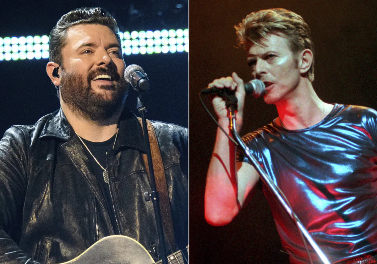(Left) Chris Young performs at the 56th annual Academy of Country Music Awards in Nashville, Tenn., on April 16, 2021. (Right) David Bowie performs during a concert in Hartford, Conn., on Sept. 14, 1995. (AP Photo)