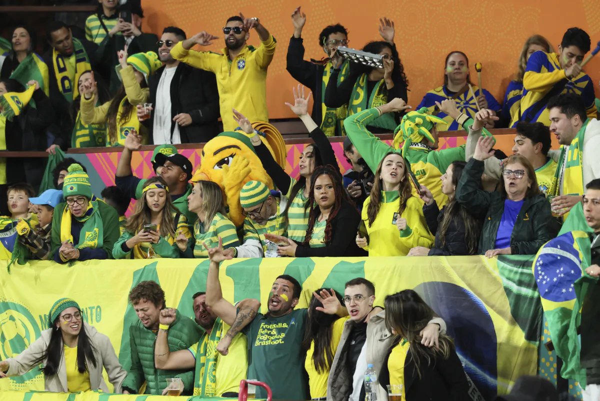 Brazilian fans react ahead of the Women's World Cup Group F soccer match between Brazil and Panama in Adelaide, Australia on July 24, 2023. (James Elsby/AP Photo)
