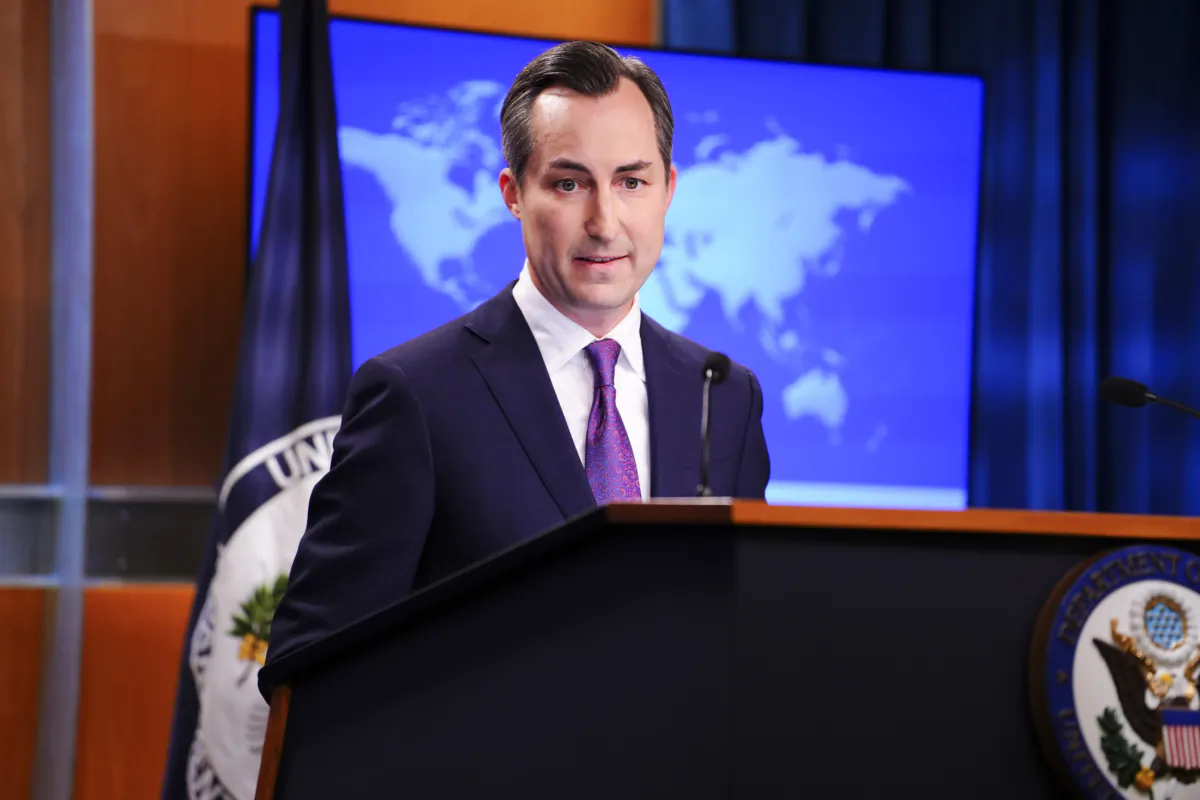 State Department spokesperson Matthew Miller speaks during a press briefing at the Department of State in Washington on July 24, 2023. (Madalina Vasiliu/The Epoch Times)