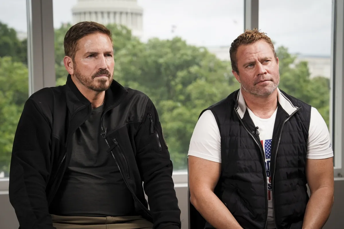 Jim Caviezel (L), actor in the new human trafficking action film "Sound of Freedom," and Tim Ballard (R), a former Department of Homeland Security special agent and founder of Operation Underground Railroad.  (Madalina Vasiliu/The Epoch Times)