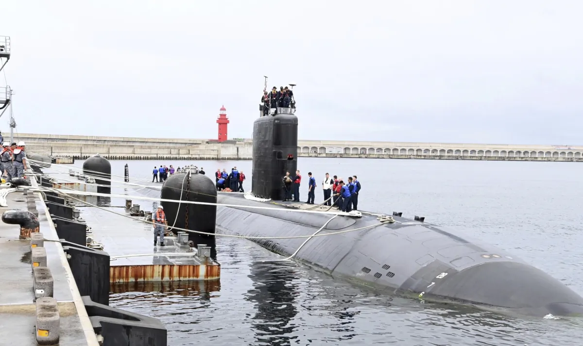 The USS nuclear-powered submarine USS Annapolis docks at a South Korean naval base on Jeju Island, South Korea, on July 24, 2023. (South Korea Defense Ministry via AP)