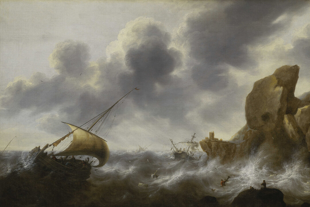 "A Fishing Boat off a Rocky Coast in a Storm With a Wreck," circa 1664, by Jacob Adriaensz Bellevois. Oil on canvas. Royal Museums Greenwich, UK. (Public Domain)