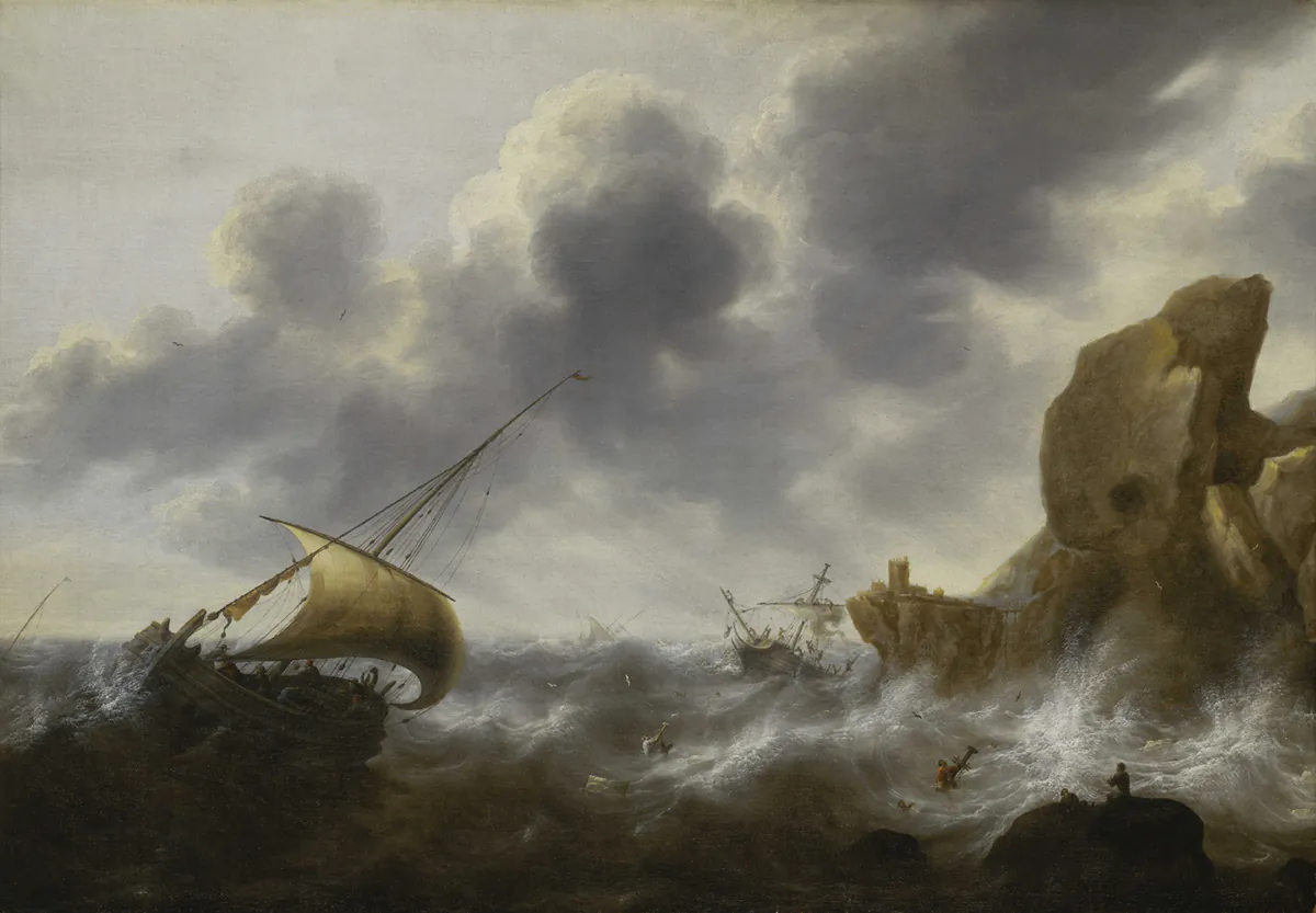 "A Fishing Boat off a Rocky Coast in a Storm With a Wreck," circa 1664, by Jacob Adriaensz Bellevois. Oil on canvas. Royal Museums Greenwich, UK. (Public Domain)