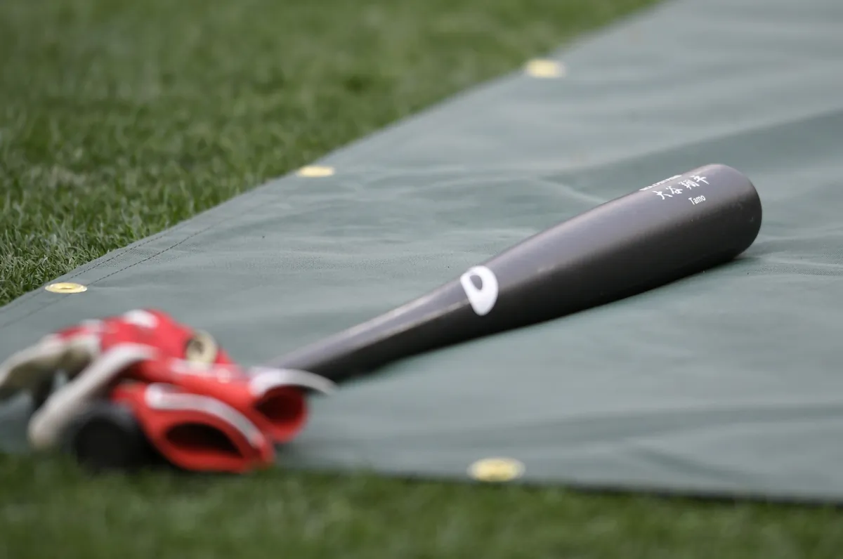 A bat used by Shohei Ohtani of the Los Angeles Angels left on a tarp during batting practice at Angel Stadium in Anaheim, Calif., on May 1, 2018. (John McCoy/Getty Images)