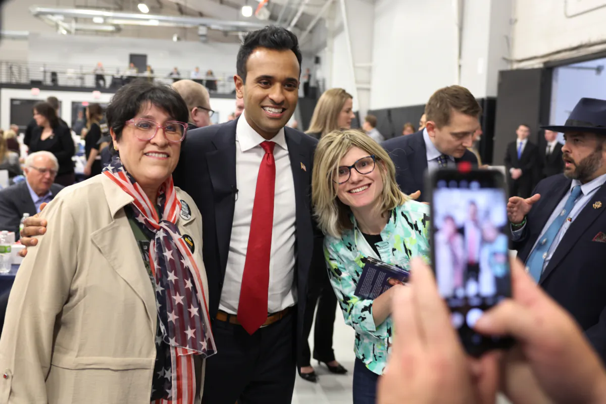 Republican presidential candidate businessman Vivek Ramaswamy greets guests at the Iowa Faith & Freedom Coalition Spring Kick-Off in Clive, Iowa, on April 22, 2023. (Scott Olson/Getty Images)
