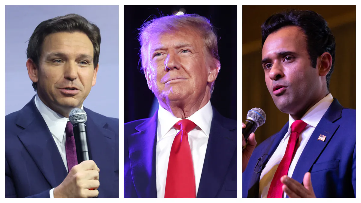 (L) Florida Gov. Ron DeSantis speaks to guests at the Family Leadership Summit in Des Moines, Iowa, on July 14, 2023. (Scott Olson/Getty Images); (C) Former President Donald Trump prepares to deliver remarks at a Nevada Republican volunteer recruiting event in Las Vegas on July 8, 2023. (Mario Tama/Getty Images); (R) Entrepreneur and political activist Vivek Ramaswamy speaks during the Vision 2024 National Conservative Forum at the Charleston Area Convention Center in Charleston, S.C., on March 18, 2023. (Logan Cyrus/AFP via Getty Images)