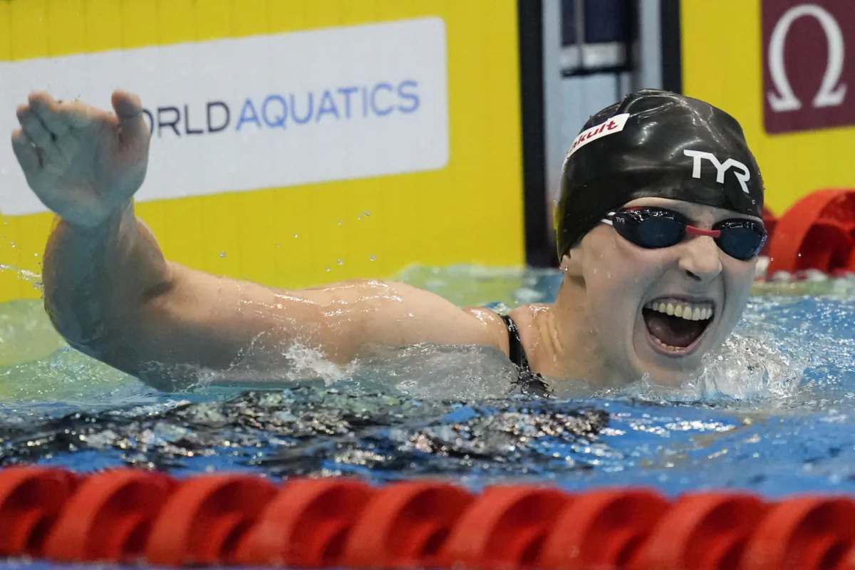 Katie Ledecky of United States reacts after the women's 1500m freestyle finals at the World Swimming Championships in Fukuoka, Japan, on July 25, 2023. (Lee Jin-man/AP Photo)