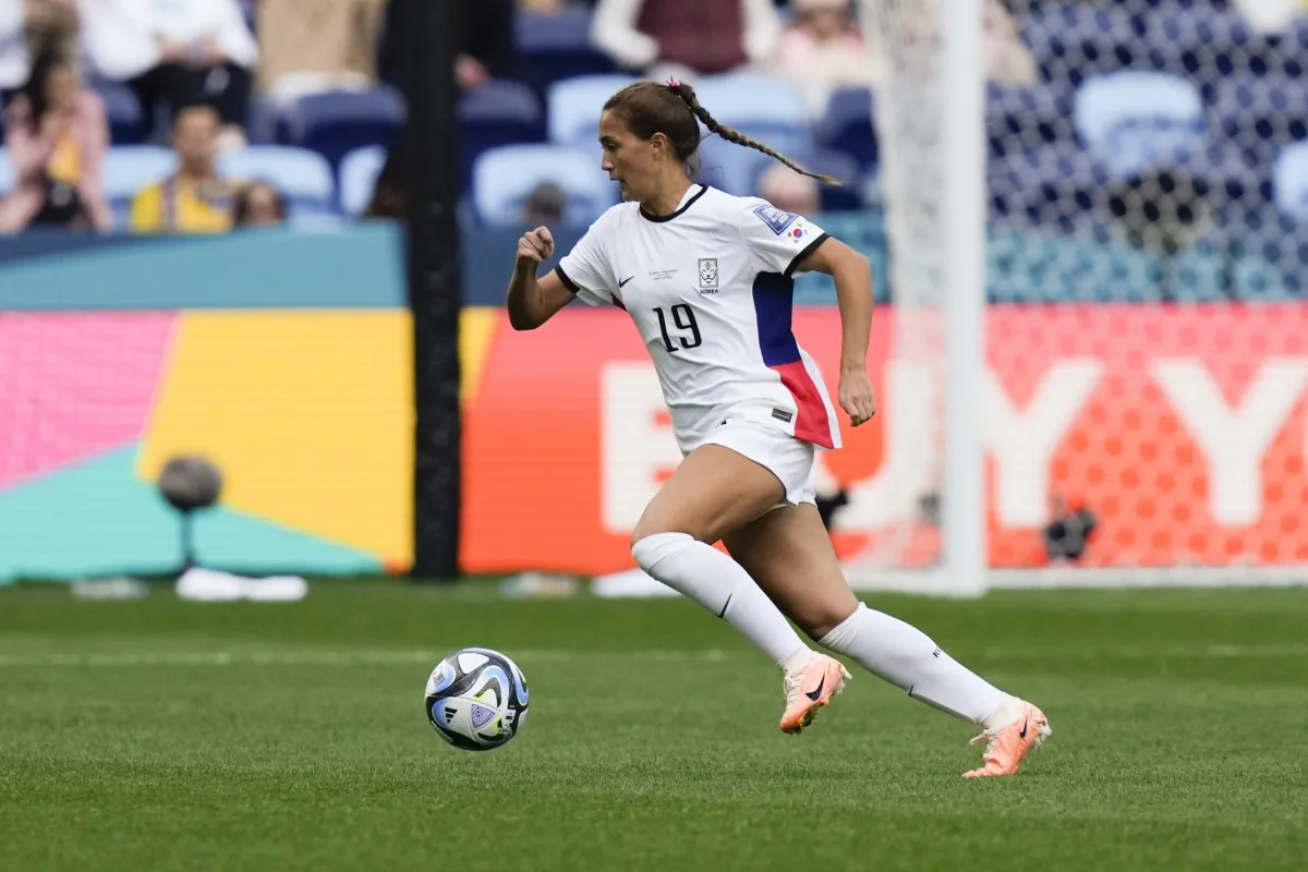 South Korea's Casey Phair controls the ball during the Women's World Cup Group H soccer match between Colombia and South Korea at the Sydney Football Stadium in Sydney on July 25, 2023. (Rick Rycroft/AP Photo)