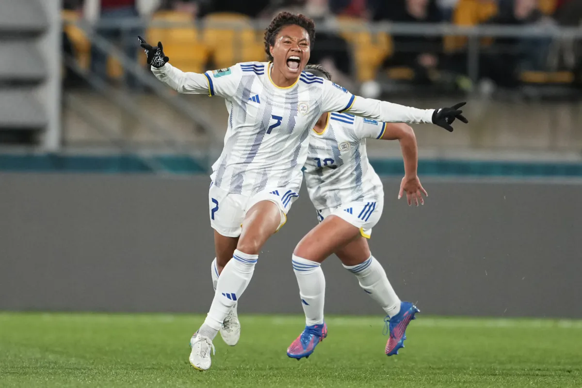 Philippines' Sarina Bolden reacts after scoring her team's first goal during the Women's World Cup Group A soccer match between New Zealand and the Philippines in Wellington, New Zealand, on July 25, 2023. (John Cowpland/AP Photo)