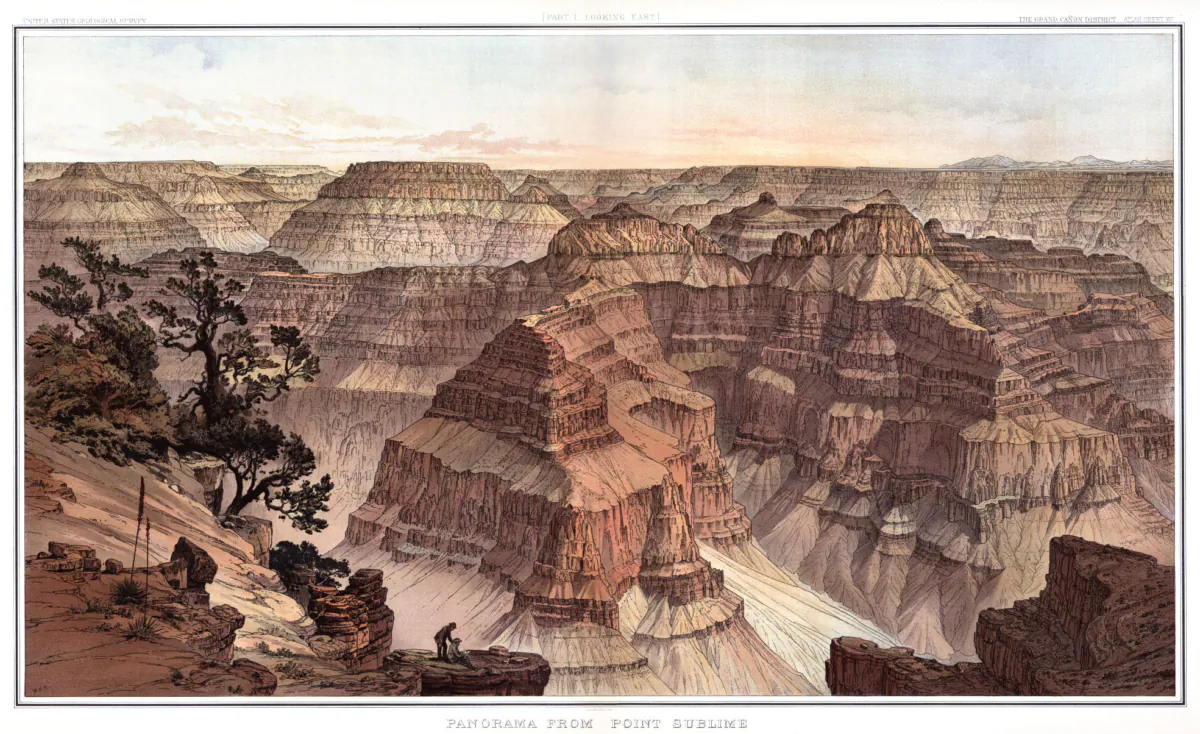 Panorama from Point Sublime, illustration of the Grand Canyon, 1882, by William Henry Holmes. Published in Clarence E. Dutton, "The Tertiary History of the Grand Cañon District," 1882, sheet XV. (Public Domain)