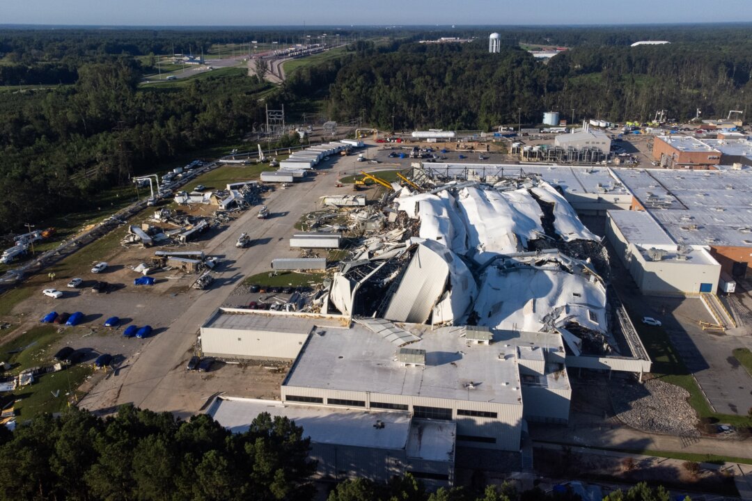 Damage to a Pfizer pharmaceutical factory after a tornado hit the facility two days earlier in Rocky Mount, N.C., on July 21, 2023. (Sean Rayford/Getty Images)