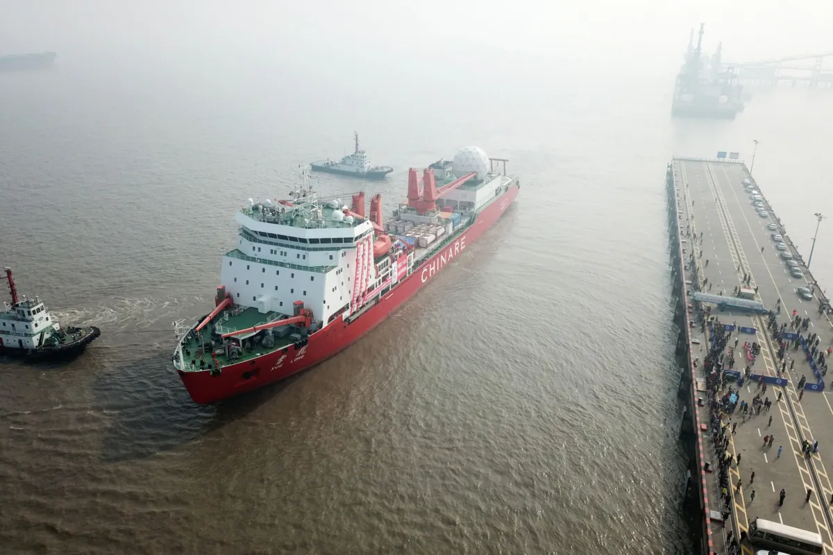Chinese icebreaker Xuelong, or “Snow Dragon,” sets off from a port in Shanghai, China, on Nov. 8, 2017. Xuelong steamed south from Shanghai on Nov. 8 bound for Antarctica to establish China's newest base as Beijing strives to become a polar power. (STR/AFP via Getty Images)