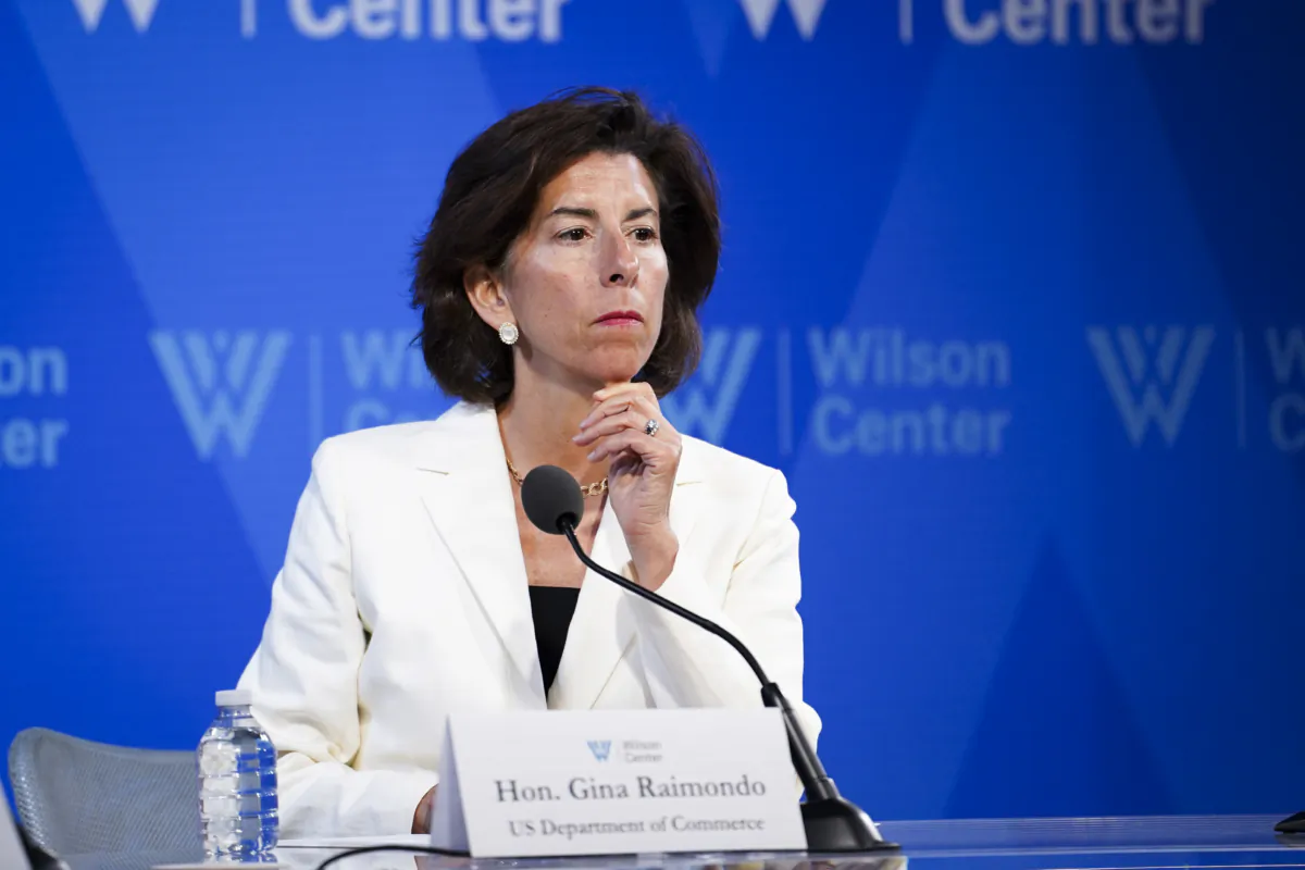 Secretary of Commerce Gina Raimondo speaks during a conference about the Indo-Pacific Economic Framework at the Wilson Center in Washington on July 25, 2023. (Madalina Vasiliu/The Epoch Times)