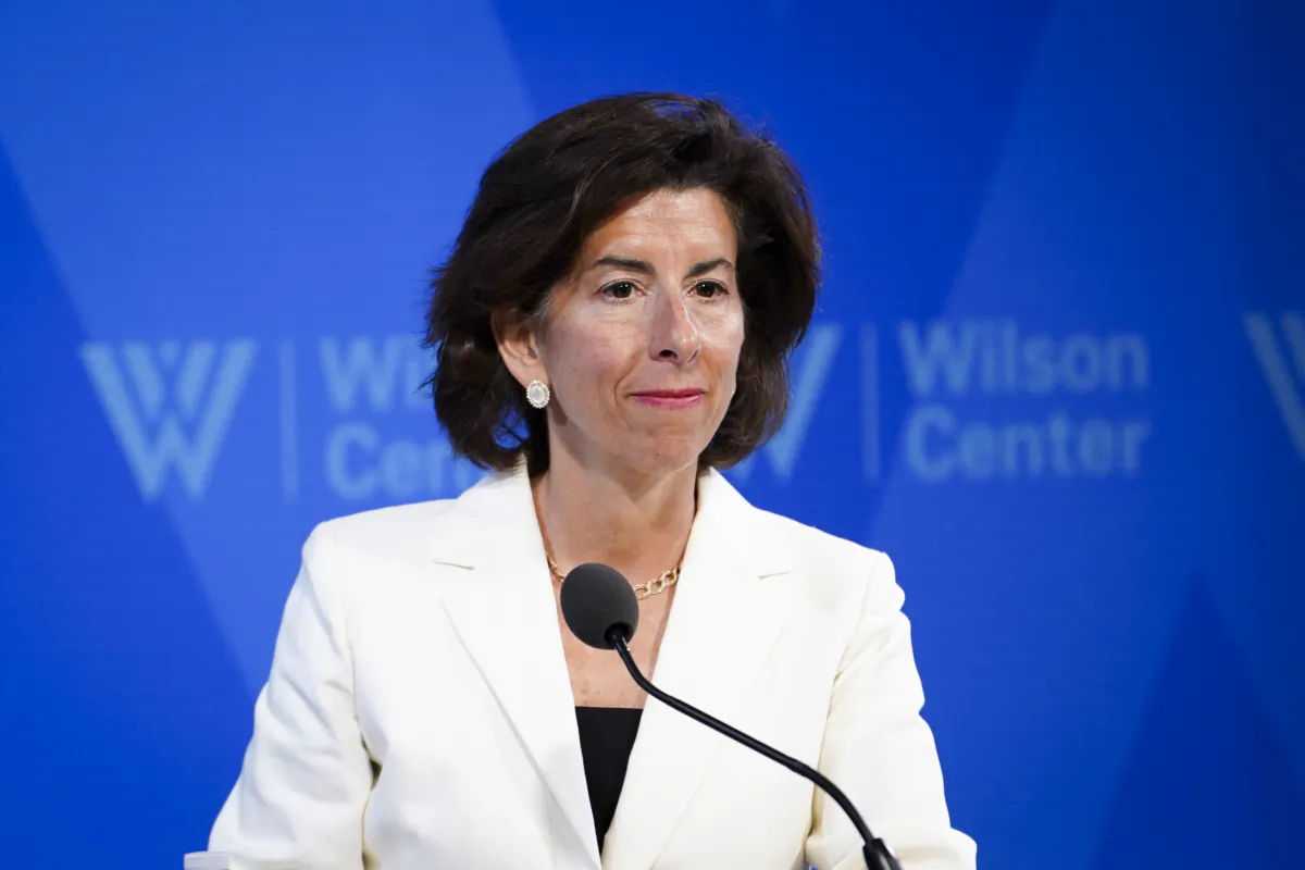 Secretary of Commerce Gina Raimondo speaks during a conference about the Indo-Pacific Economic Framework at the Wilson Center in Washington on July 25, 2023. (Madalina Vasiliu/The Epoch Times)