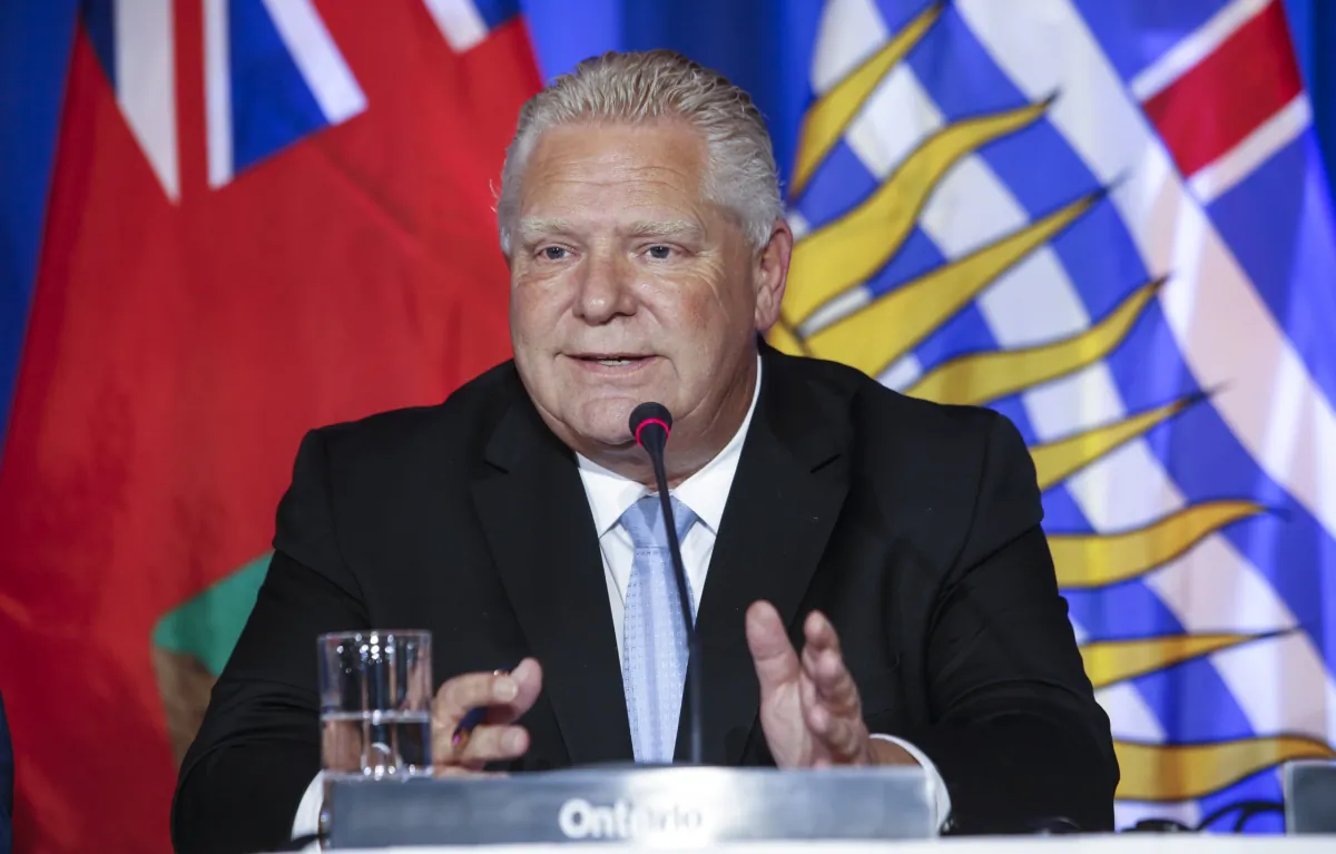 Doug Ford, Premier of Ontario, speaks to media during the closing news conference at the Council of the Federation Canadian premiers meeting at The Fort Garry Hotel in Winnipeg, on July 12, 2023. (The Canadian Press/John Woods)