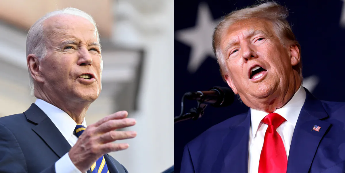 President Joe Biden delivers a speech on NATO at the Vilnius University in Vilnius, Lithuania, on July 12, 2023, after the end of the NATO Summit. (Andrew Caballero-Reynolds/AFP via Getty Images) / Former U.S. President Donald Trump delivers remarks during the Georgia state GOP convention at the Columbus Convention and Trade Center in Columbus, Ga., on June 10, 2023. (Anna Moneymaker/Getty Images)
